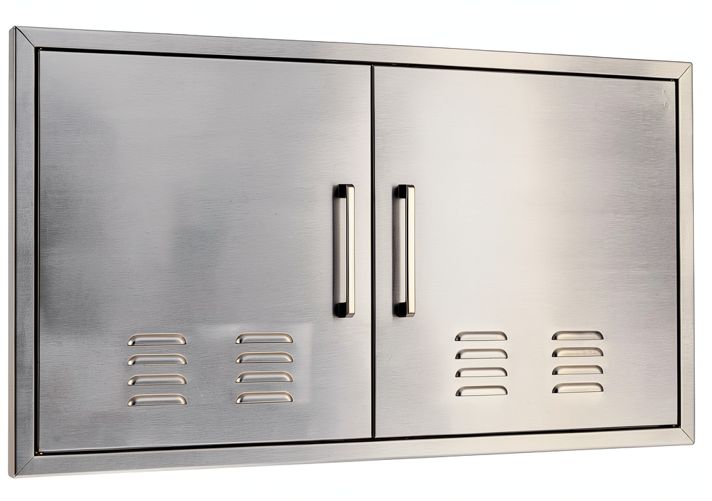 YuxiangBBQ stainless steel double door installed in an outdoor kitchen island