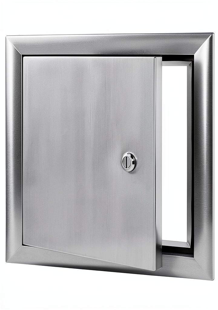 Premier Access aluminum access door installed on a patio wall