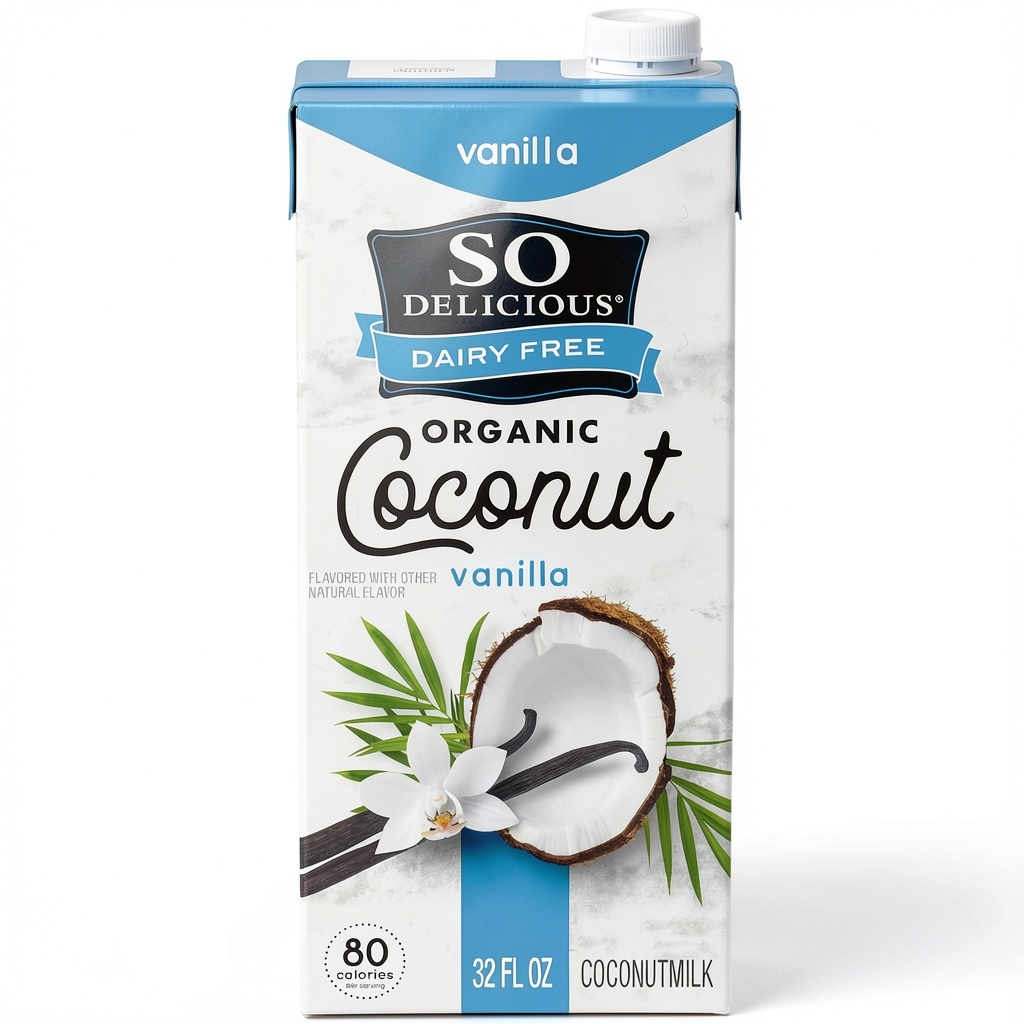 So Delicious coconut milk carton on a kitchen counter